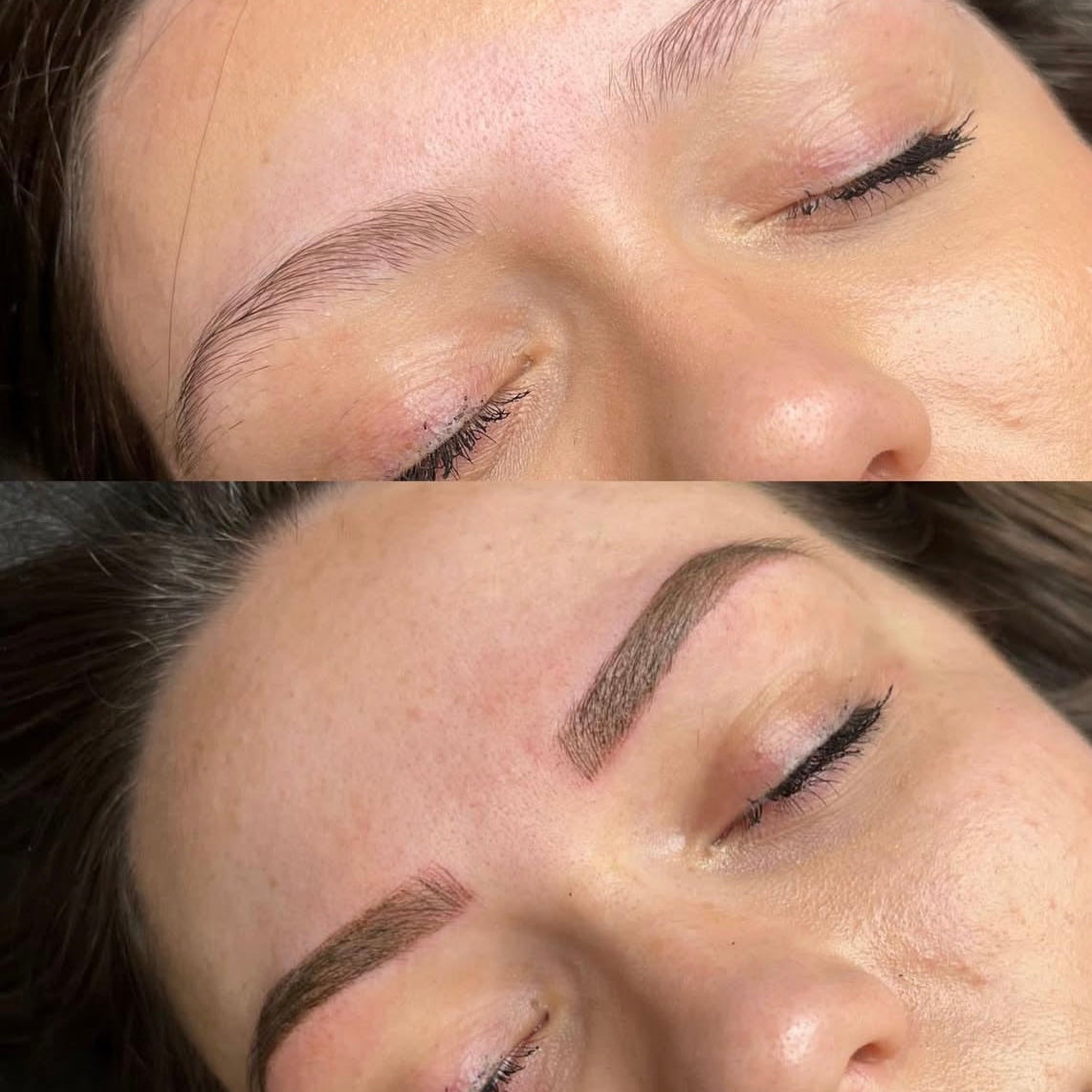 Before and after comparison of eyebrow grooming on a person's face.
